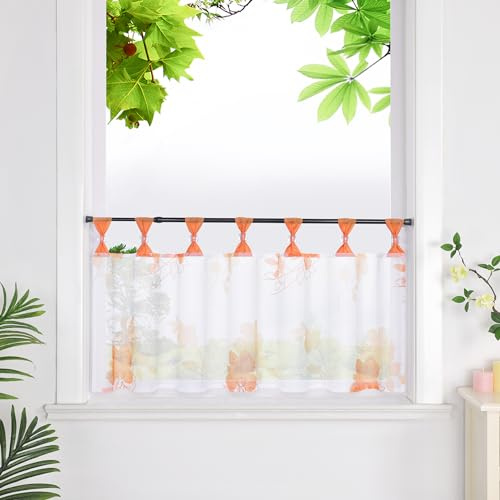 HeichkelL Scheibengardine mit Schlaufen Transparent Gardine mit Leinenoptik Kurzstores mit Blumen Landhaus Kurzvorhang Orange HxB 45x120cm
