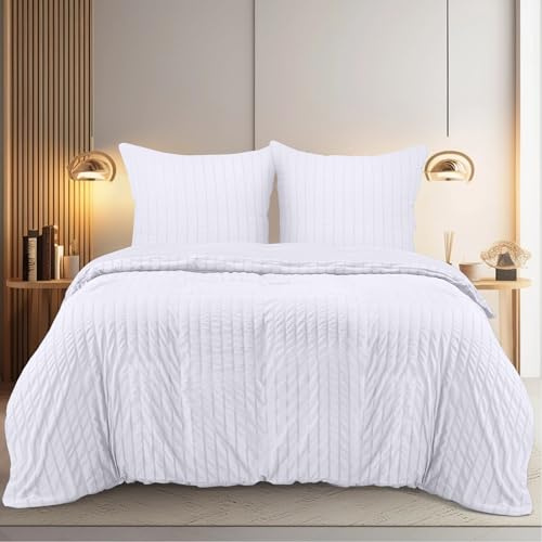 Utopia Bedding Seersucker Påslakanset - Mjukt Påslakan av Polyester med Mikrofiber 240x260 cm Med 2 Örngott 65x65 cm - Vit
