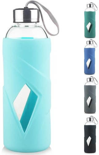 SHOW INGENUITY 1000ml Flacone di Acqua di Vetro Borosilicato Con Manicotto di Copertura Protettiva in Silicone e Coperchio di Acciaio Inossidabile