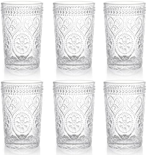 ZAVOOS Lot de 6 verres à eau vintage romantiques de 388,5 g, motif cœur et fleur, verre transparent en relief pour cocktail, jus, whisky, lait, dîner, fête, bar, restaurant