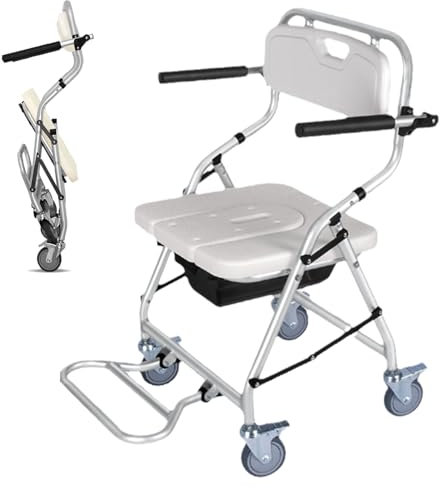 Joyfitness Klappbarer Toilettenrollstuhl mit feststellbaren Rollen, mobiler Toiletten-Duschstuhl mit abnehmbarem Eimer, Badezimmer-Rollstuhlhocker für Senioren und Schwangere