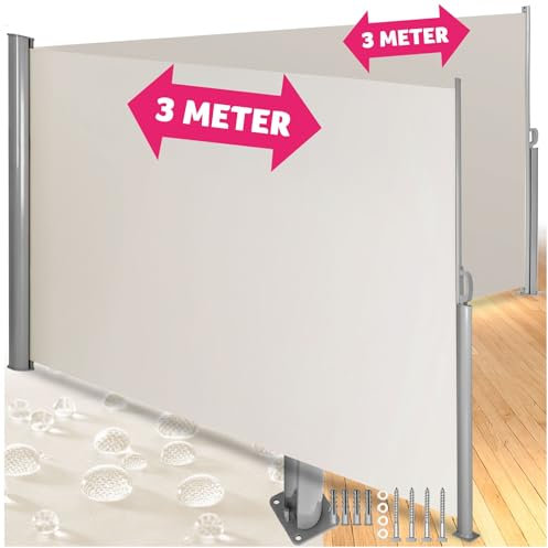 tectake Aluminium Doppel- Seitenmarkise ausziehbar, Outdoor Seitenwand als Garten Sonnenschutz, Balkon Sichtschutz, Terrassen Windschutz, mit Aufrollmechanismus - 180 x 600 cm, beige