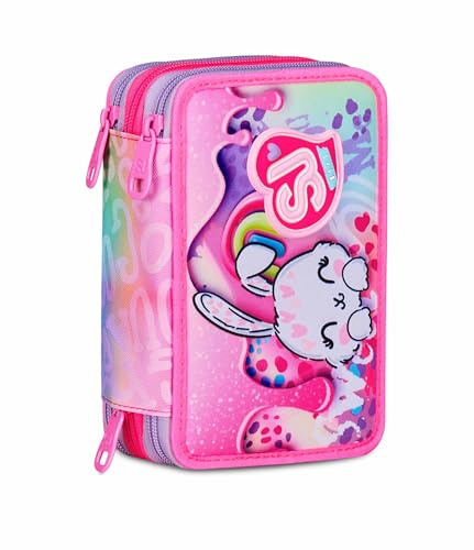 SJ GANG STYLE JAM GANG Astuccio Scuola 3 Zip, Fucsia, Portapenne Triplo Scomparto Completo Di Penne, Matite, Colori, Accessori Zaino, Scuola Elementare, Bambina
