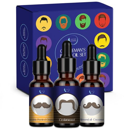 Aura Naturals Beard Oil for Men - Pack of 3 Scented Beard Oils Set with Cedarwood, Orange, and Almond & Coconut (30ml each) – For Care, Thickness, & Growth with Natural Softener Properties