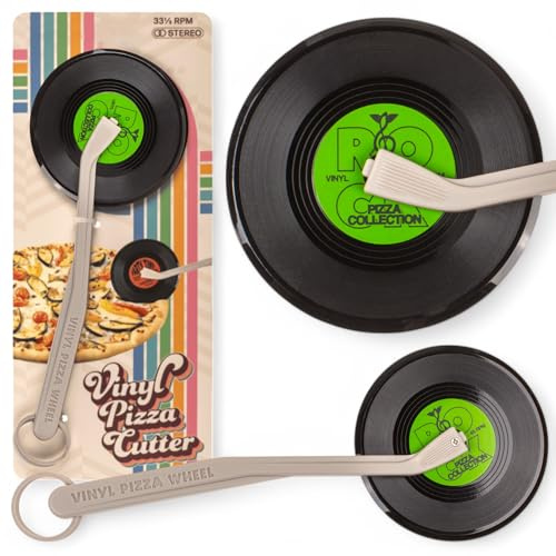 MIJOMA Vinyl Pizza Schneider – Retro Pizzaschneider im Schallplatten-Design, 21,5 cm, mit Silikon-Aufhängung und Kunststoffgriff, Party Time & Rock Look (Grün „ROCK“)