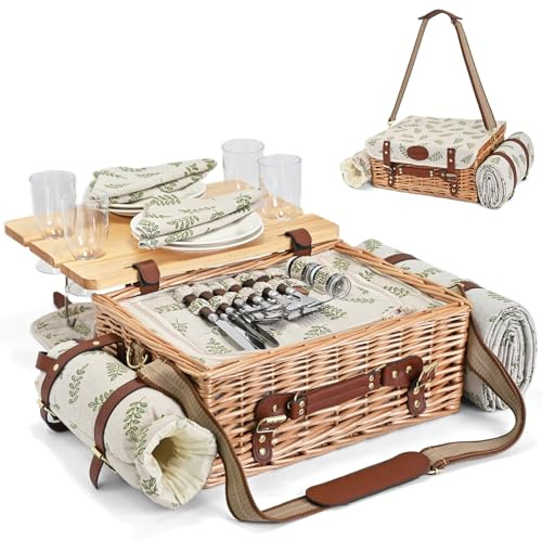 Multifunctional Wicker Picnic Basket Set for 4 with Blanket and Picnic Table, Insulated Picnic Set with Full Tablewares for Camping Outdoor Couples,Leaf