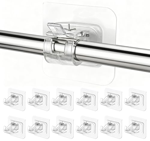 12 Pezzi Ganci per Tende Senza Bucare, Ganci Adesivi per Tende Trasparente con Staffa Autoadesiva per Asta Tende per Soggiorno, Bagno, Camera da Letto, Facile Installazione