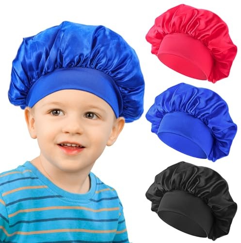 Bewudy 3Pcs Kids Bonnet for Boys Girls, Satin Bonnets for Kids | Elastic Wide Band Night Sleep Bonnets Soft Hair Care