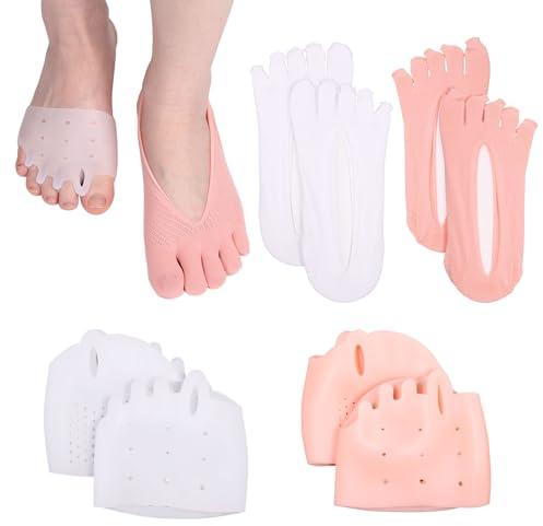 2 Pairs Toe Separators, with 2 Pairs Toe Socks for Women Spreader Breathable & Reusable Yoga Foot Finger Alignment Spacers for Straightening Splint(White, Skin Tone)