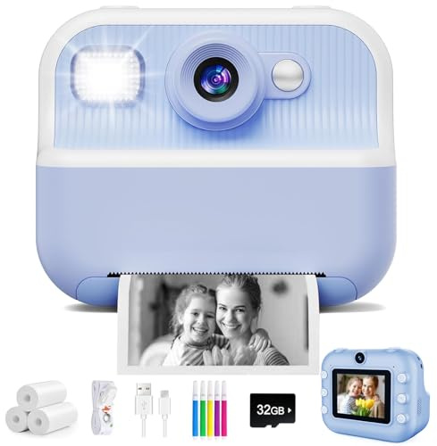 Cámara instantánea para niños, 1080P, Doble Selfie Infantil, cámara Digital con Pantalla LCD de 2,4 Pulgadas, Zoom Digital 16X, Tarjeta de Memoria de 32G (Azul)