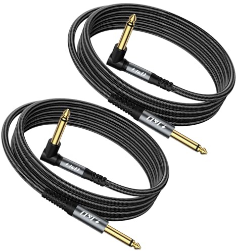 J&D Guitar Cable 2Pack, 1/4 Inch TS Instrument Cable, 6.35mm Cord for Electric Guitar, Bass, Keyboard, Amplifier, Speaker, Right Angle to Straight, Grey, 0.9 Meter
