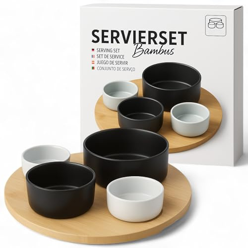 MIJOMA Servierset 5-teilig – Porzellanschalen & Holz-Tablett Ø25cm – Snack-Schalen & Dipschalen Set – stilvolles Serviergeschirr für Vorspeisen, Tapas, Frühstück & Gäste