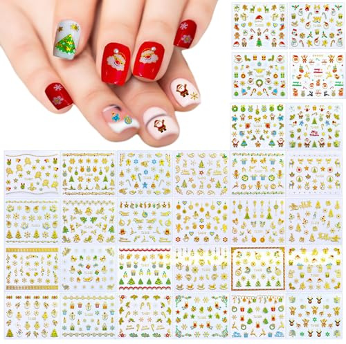 Zasjon Gelled Nails Pegatinas Kit, Decoracion Uñas, Pegatinas Uñas, 30 Hojas, Relieve 5D, Diseños de Nails Diy para Niñas, Diseños de Mujeres Diy Coloridos, Especialmente Creados para Mujeres(Navidad)