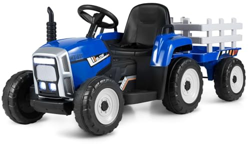 GOPLUS 12 V elektrisk traktor för barn med släpvagn, 3-växlad elfordon med fjärrkontroll, elbil med LED-ljus och musik och Bluetooth, 30 kg lastkapacitet, från 3 år (blå)