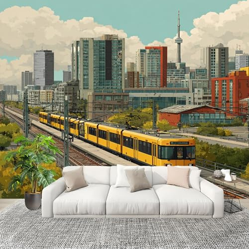 Genérico Papel Pintado Panorámico 300x210 cm Moderno Ciudad Tren Personalizable Fotomurales No Tejido Póster Pared Decoración Verde Claro 3D Duradero y Resistente a las manchas Fotomurales