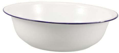 MALUGOGO Cuenco Esmaltado Vintage para Lavar Pies y Cara, Lavabo de Esmalte Color Claro Borde Azul de 32 Cm, Recipiente Multifuncional para Baño y Cuidado Personal
