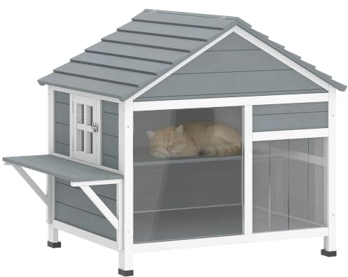 PawHut Casa per gatti in legno con tetto apribile 101x72,5x81 cm Grigio | Casa per gatti per esterno resistente alle intemperie, a due piani, porta a doghe, piattaforma