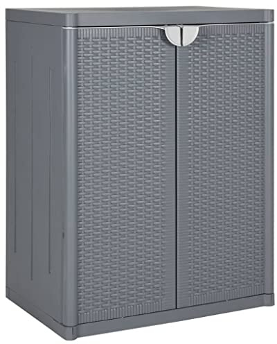 Plumbpyr Armario de jardín gris 65 x 45 x 88 cm, aspecto de ratán de polipropileno con 2 estantes y asas, armario de almacenamiento para garaje, sótano, oficina, pasillo, trastero, espacio de