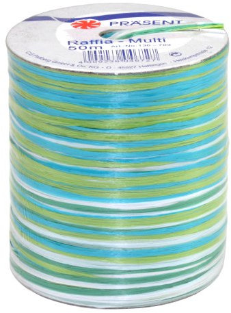 Präsent C.E. Pattberg Raffia-Multicolour Bastband grün-blau-weiß, 50 m Geschenkband zum Einpacken, 5-strängiges Bastelband für Geschenke, Zubehör zum Dekorieren & Basteln