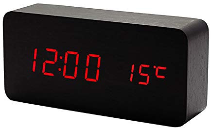 Lancoon Reloj Digital De Madera Reloj Despertador Multifunción con Visualización De La Hora/Fecha/Temperatura Y Control De Voz para El Viaje A La Oficina Doméstica AC11Black_Red