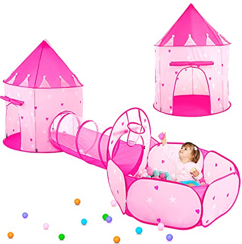 PigPigPen 3pc Kids Play Tent for Girls with Ball Pit, Crawl Tunnel, Princess Tents for Toddlers, Baby Space World Playhouse Toys, Boys Indoor& Outdoor Play House, Perfect Kid’s Gifts