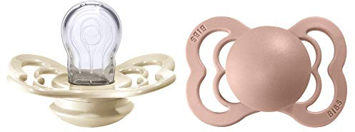 BIBS Supreme Dummies 2 Pack, Symmetrical Nipple, BPA Free, Silicone Dummy Pacifier, Size 1 (0-6 Months), Ivory/Blush