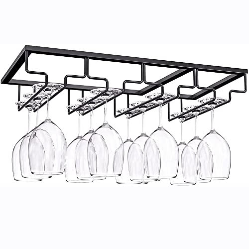 FDDE Soporte para Copa de Vino Invertido,Soporte para Copa de Vino Colgante,Estante para Copa de Vino Debajo del Gabinete con Tornillos,Usado en Barra,Cocina (Cuatro Ranuras,Negro)