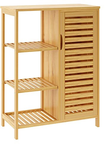 sogesfurniture Badschrank Bambus, Badezimmerschrank, Beistellschrank mit 4 Ablagen und Lamellentür Aufbewahrungsschrank für Badezimmer, Wohnzimmer, Küche, 66x33x87cm