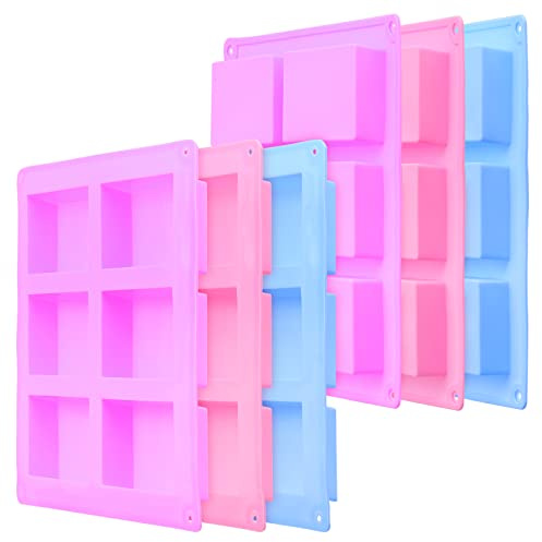 ZEONHEI 6 stycken 6-Cavity tvålformar, rektangulära silikonformar, silikonform, hemlagade tvålformar för gör-det-själv, bakning, biscuit, isbitar, hantverk, 3 färgerl, rosa, blå, lila