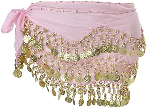 SamHeng Damen Bauchtanz Gürtel Chiffon Hüfttuch, Bauchtanz Münztuch Bauchtanz Münzgürtel Tanztuch Bauchtanz Kostüm mit 128 Münzen für Mädchen Frau für Performance Kostüm Bauchtanz Yoga Kurs