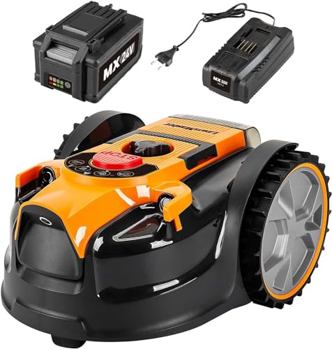 LawnMaster VBRM16 Robots cortacéspedes eléctrico para Jardines Corte 20-60 mm,Pendiente de 35% con batería de Iones de Litio MX 24V 4.0Ah y Cargador rápido