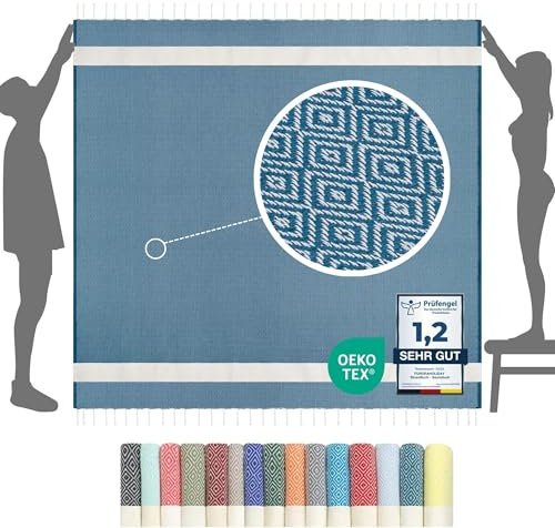furora Holiday Strandtuch XXL 200x200 cm: Baumwolle, leicht dünn | Picknickdecke Stranddecke + Strandhandtuch Groß, Hamamtuch Saunatuch Damen Herren, Beach Towel Cotton Strandlaken, Urlaub Must Have
