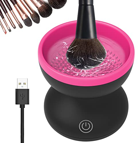 Makeup Brush Cleaner Machine, USB Automatic Spinner Cosmetic Brush Cleaner, Handheld Beauty Makeup Brushes Quickly Cleaning Tools for All Makeup Brushes (Black+Rose Red)