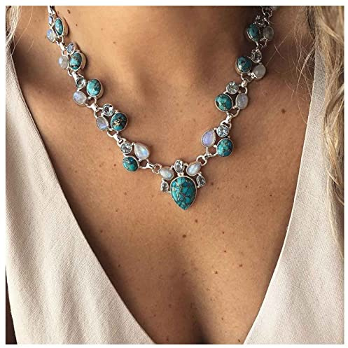 collier Bijoux pour elle : Tour de cou turquoise goutte d'eau, Pierre de lune, Argent chaîne cristal