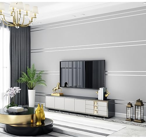 mwpqbd Deerskin Velvet high-end 3D Wallpaper Nordic Geometric Lines Modern Simple Living Room Lighting Luxury Background Wall Non-Woven Peel Stick Wallpaper (9.5M Silver Gray Aluminum foil Plate)