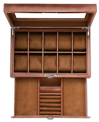HELMDY Abschließbare PU-Leder Uhrenbox, 10 Fächer 2 Ebenen Schmuckschublade | Weiches Mikrofaser-Futter schützt Uhren, geteilte Schublade für Ringe, Knöpfe & Brillen, edles braunes Herren-Geschenk