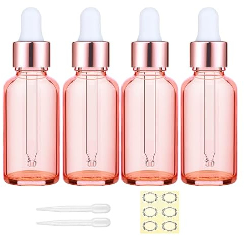 Apstaqeoo 4 st 50 ml droppflaskor i roséguld – tom flaska med pipett, påfyllningsbar provflaska, tinktur, droppflaskor i roséguld med eteriska oljor aromaterapi parfym laboratorium