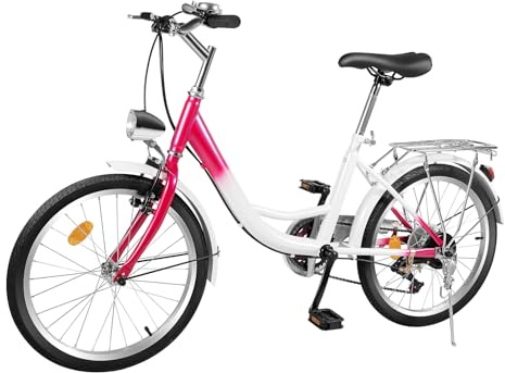 Jolre 20 Zoll Kinderfahrrad, 6-Gang-Mädchenfahrrad, rosa Teenagerfahrrad, rosa Kinderfahrrad, Citybike mit Licht, passend für 145-165 cm