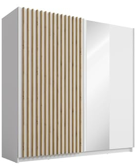 Vente-unique - Armario con 2 Puertas correderas - con Espejo - L200 cm - Blanco y Aspecto de Madera - TINDANIA