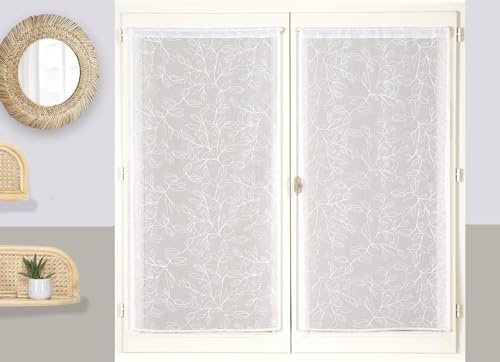 Atout Ciel Paire de Voilages Brodés Feuilles, avec Passe-Tringle prêts à Poser, 2X 60x90cm, Blanc
