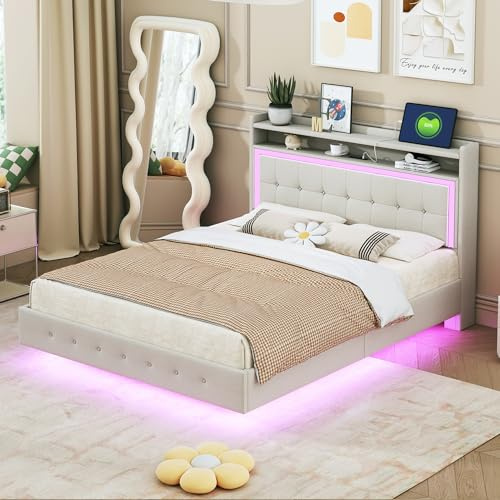 okwish Polsterbett 140x200 cm Jugendbett mit LED Beleuchtung und Ladefunktion (3xUSB 1xType-C) - Bett mit Stauraum Kopfteil - Max. Traglast: 250 kg - ohne Matratze, Leinen Beige