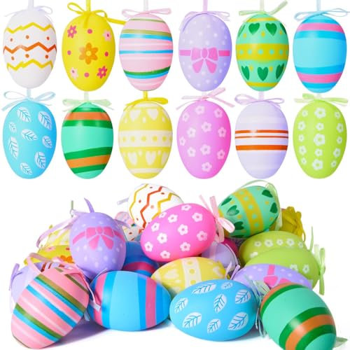 JOYIN 24 Stück 2,36 Zoll große Bedruckte Ostereier zum Aufhängen, Bunte Eier aus Kunststoff, Ornamente mit Band für Osterdekorationen zu Hause, Frühlingsdekorationen, Ornamente für Osterbaumkörbe