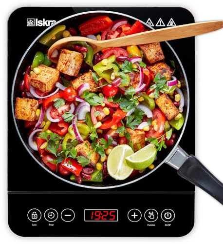 Iskra Induktionskochfeld 1 Platte | 2000W Induktionsplatte doppelt | mit Timer, Auto-Aus und Touch-Bedienung | kratzfestes Keramikglas | Effizient & schnell kochen