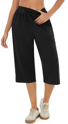 Demegimi Pantaloni 3/4 da Donna in Cotone Pantaloni Sportivi Donna a Vita Alta con Tasche Pantaloni Jogger Leggeri con Coulisse per Jogging Fitness Sport Yoga