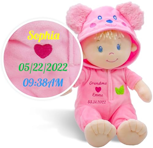Lullaberry Personalisierte Kuschelpuppe Frida – Ultraweiche Babypuppe ab Geburt – Mit Wunschname, Geburtsdatum oder Geburtsgewicht