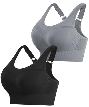 Litherday Sportbehå för kvinnor, push-up, sportbh, starkt stöd, sport-BH utan bygel, med avtagbar vadderad för fitness, jogging, yoga, Svartgrå, XXL