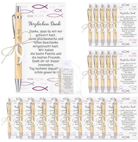 Tenare 20 Sets Danksagung Konfirmation Kommunion Geschenk Schön DASS Du Da Bist Holz Kugelschreiber Stifte Kommunion Karte Organzabeutel Dankeschön Geschenke Danke Karte(Fisch Rosa,Holz Fisch)