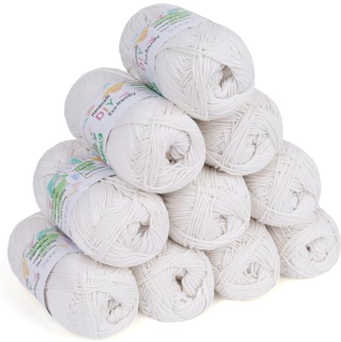 Coopay Wolle zum Häkeln, 100% Baumwolle zum Stricken, 10 x 50g Weiches Häkelgarn Baumwolle zum Häkeln, Babywolle Baumwollgarn für Pullover, Socken, Babydecke - Weiches Weiß