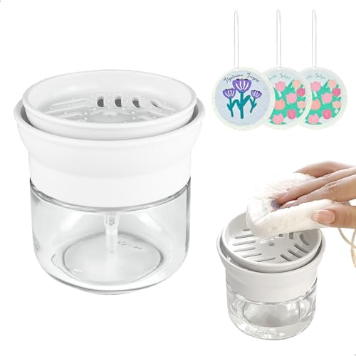 Dispensador Jabon Cocina, Dosificador Jabón Kitchen con Bandeja Antideslizante, Dispenser de Detergente con 3 Esponjas Incluido, Dispensadores lavavajillas Cocina Fácil de Usar y Limpiar