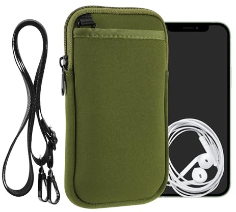 kwmobile Custodia Neoprene con Zip per Smartphone XXL - 7 - Portacellulare a Tracolla - Porta Cellulare da Collo Universale - verde oliva